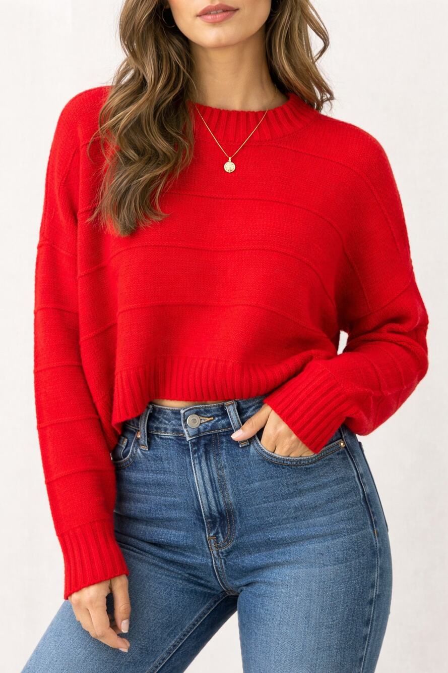 Elodie Red Cropped Sweater Womens XL Soft Knit Drop Shoulder Cozy Pullover